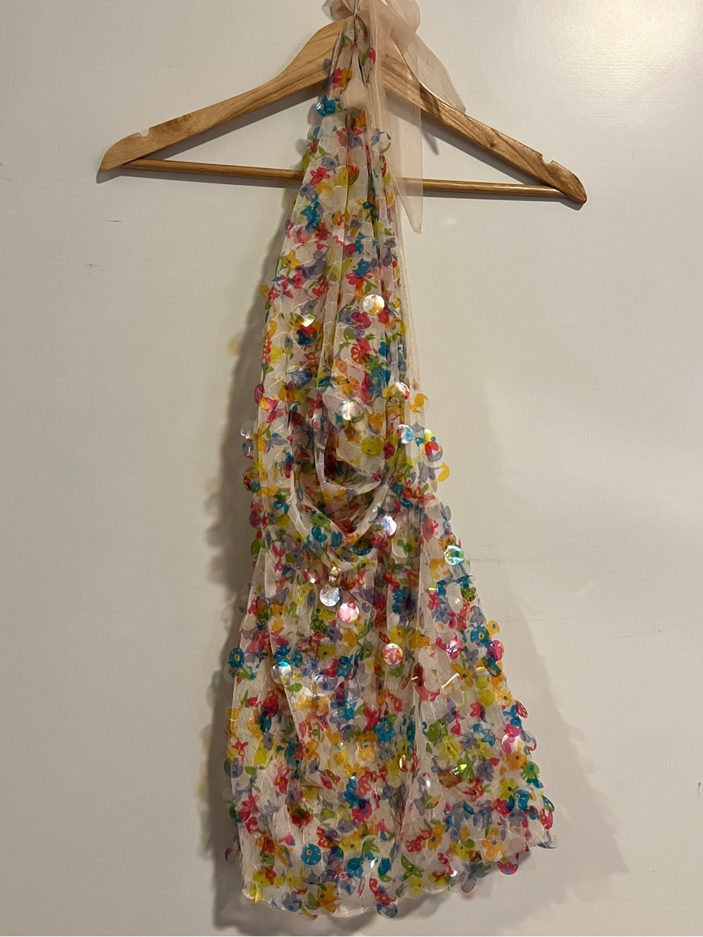 Sheer Cowl Neck Mini Dress with Multicolor Sequins